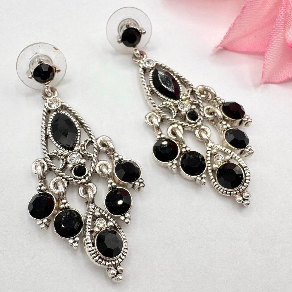 1928 Black Rhinestone Chandelier Earrings Victorian Revival Goth Romantic Gothic